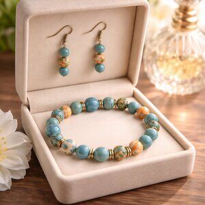 Amazonite Turquoise Orange and Gold Bracelet and Earring Set - New